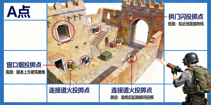 CS2荒漠迷城地图A点道具投掷点位教学示意图